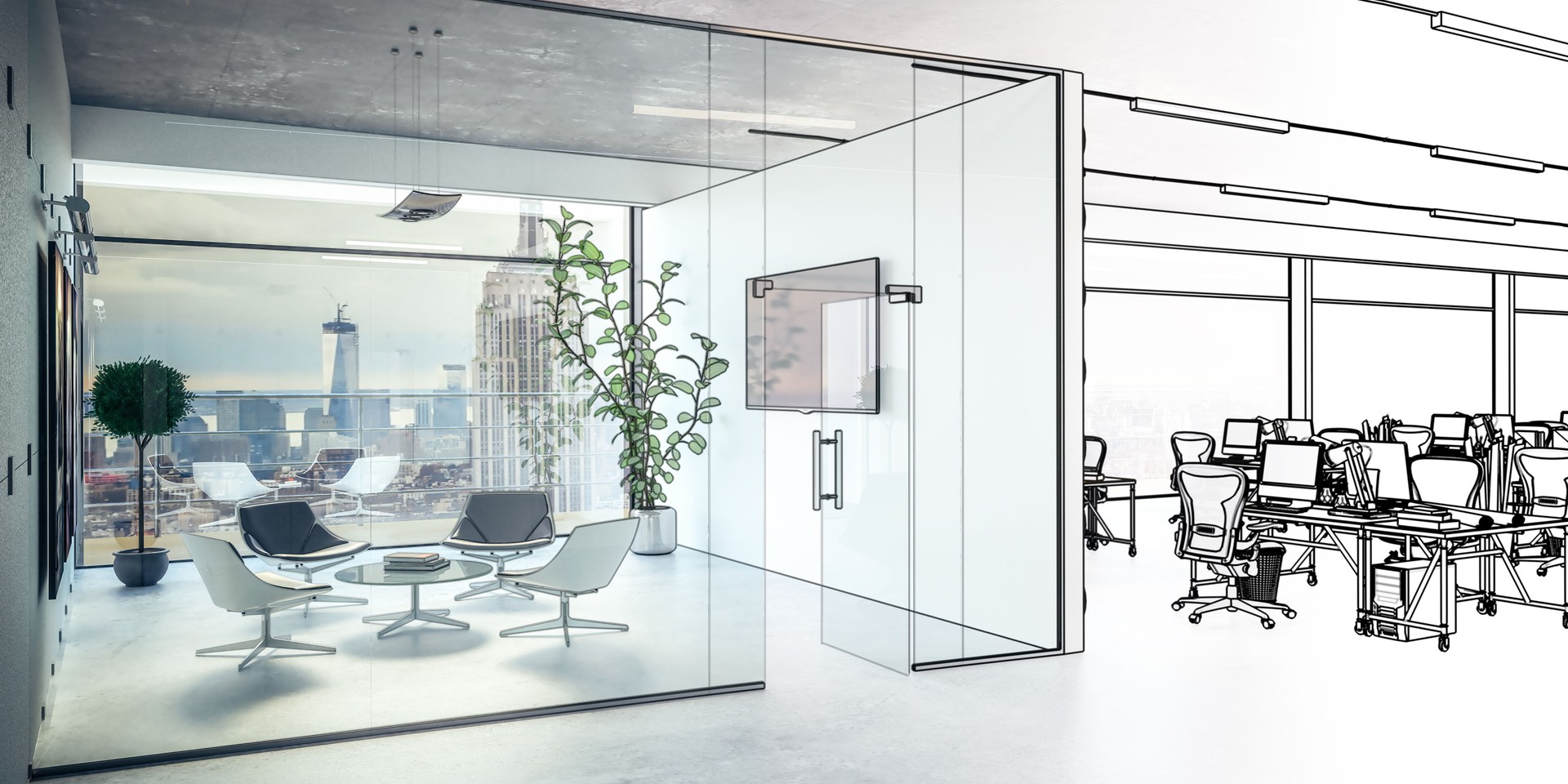 Open Plan Office with Meeting Area (draft) - panoramic 3D Visualization